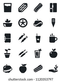 Set of vector isolated black icon - hot cup vector, seedling, plant label, diet, fridge, drink, phyto bar, salad, bacon, kebab, dog, apple fruit, fan, palm sproute