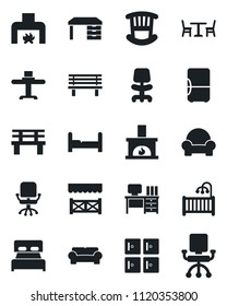 Set of vector isolated black icon - cafe vector, checkroom, office chair, desk, bench, bedroom, children room, cushioned furniture, fireplace, restaurant table, alcove, fridge