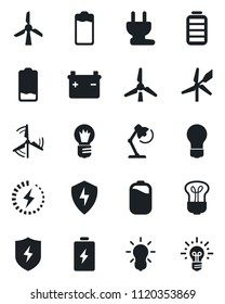 Set of vector isolated black icon - bulb vector, battery, low, protect, charge, desk lamp, windmill, power plug, idea