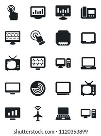 Set of vector isolated black icon - plane radar vector, notebook pc, statistic monitor, pulse, tv, touch screen, laptop, hdmi, statistics, intercome