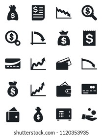 Set of vector isolated black icon - credit card vector, safe, money bag, crisis graph, receipt, wallet, growth, search, investment