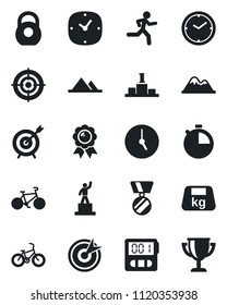 Set of vector isolated black icon - pedestal vector, medal, bike, run, heavy, clock, stopwatch, target, mountains, award cup