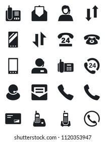 Set of vector isolated black icon - office phone vector, 24 hours, support, radio, mail, mobile, call, data exchange