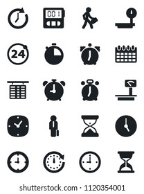 Set of vector isolated black icon - 24 around vector, alarm clock, flight table, calendar, heavy scales, stopwatch, manager, sand