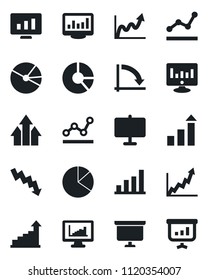 Set of vector isolated black icon - growth statistic vector, presentation board, crisis graph, monitor, circle chart, statistics, bar, pie, point, arrow up