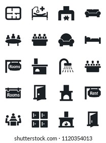 Set of vector isolated black icon - bed vector, shower, checkroom, meeting, fireplace, hospital, plan, rent, rooms, cushioned furniture, door