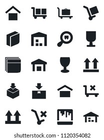 Set of vector isolated black icon - baggage trolley vector, fragile, cargo, warehouse storage, up side sign, no, package, search, scanner, blank box