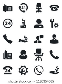 Set of vector isolated black icon - 24 around vector, office chair, phone, hours, support, speaker, radio, call, root setup, palm sproute