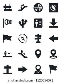 Set of vector isolated black icon - elevator vector, escalator, signpost, right arrow, left, wind, radar, route, pin, download, place tag, compass, flag