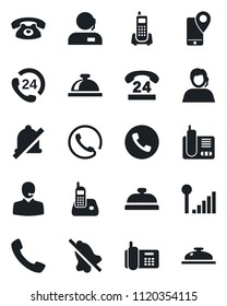 Set of vector isolated black icon - phone vector, reception bell, office, 24 hours, support, mobile tracking, radio, call, mute, cellular signal