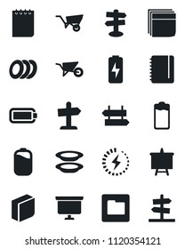 Set of vector isolated black icon - signpost vector, notepad, presentation board, wheelbarrow, battery, folder, charge, blank box, plates, guidepost