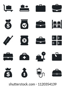 Set of vector isolated black icon - suitcase vector, baggage conveyor, trolley, luggage storage, scales, checkroom, case, money bag, fertilizer, doctor, dropper