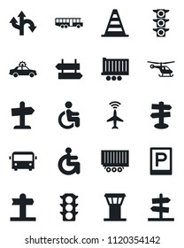 Set of vector isolated black icon - airport tower vector, plane radar, bus, parking, signpost, alarm car, border cone, helicopter, disabled, route, traffic light, truck trailer, guidepost