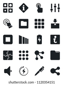 Set of vector isolated black icon - package vector, sorting, settings, touch screen, stop button, menu, folder, charge, application, pen, sound, information, social media