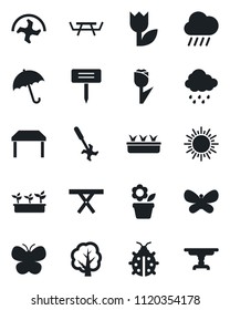 Set of vector isolated black icon - umbrella vector, sun, flower in pot, ripper, tree, butterfly, lady bug, seedling, rain, plant label, picnic table, tulip