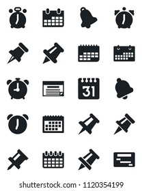 Set of vector isolated black icon - alarm clock vector, drawing pin, calendar, term, paper, bell, schedule
