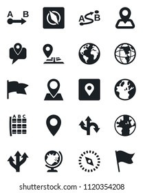 Set of vector isolated black icon - globe vector, seat map, route, navigation, earth, pin, mobile tracking, place tag, compass, flag