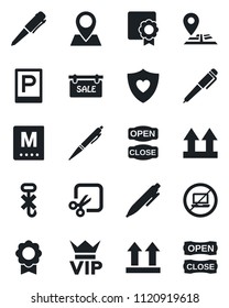 Set of vector isolated black icon - parking vector, no laptop, vip, pen, heart shield, navigation, pin, up side sign, hook, cut, sertificate, sale, menu, open close