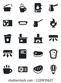 Set of vector isolated black icon - coffee vector, fire, fireplace, air conditioner, bread, steak, hot dog, steaming pan, turkish, water heater, balloon