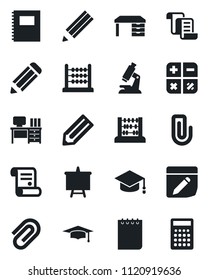 Set of vector isolated black icon - contract vector, calculator, graduate, abacus, desk, notepad, presentation board, pencil, microscope, notes, copybook, paper clip