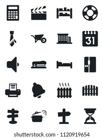 Set of vector isolated black icon - bed vector, wheelbarrow, signpost, rack, clapboard, bell, calendar, printer, tie, stapler, fence, office building, heater, fridge, steaming pan, sound, calculator