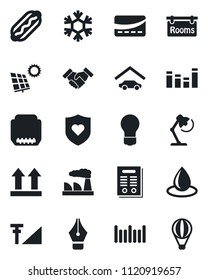 Set of vector isolated black icon - bulb vector, factory, water drop, heart shield, up side sign, barcode, equalizer, hdmi, cellular signal, ink pen, desk lamp, handshake, contract, sun panel, rooms