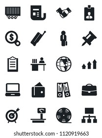Set of vector isolated black icon - suitcase vector, handshake, identity card, office binder, truck trailer, heavy scales, reel, news, laptop pc, clipboard, case, drawing pin, manager desk, target