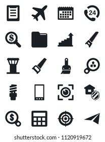 Set of vector isolated black icon - plane vector, airport tower, growth statistic, saw, 24 hours, clipboard, mobile, themes, calculator, folder, calendar, target, estate insurance, eye scan, money