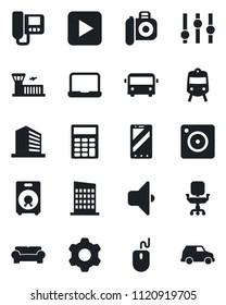 Set of vector isolated black icon - airport bus vector, train, building, mobile phone, office, mouse, camera, settings, speaker, play button, calculator, chair, notebook pc, cushioned furniture, car