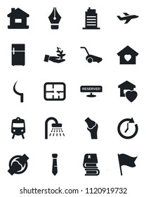 Set of vector isolated black icon - train vector, shower, lawn mower, sickle, joint, plane, ink pen, tie, book, house, plan, sweet home, city, reserved, fridge, palm sproute, clock, flag
