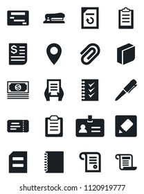 Set of vector isolated black icon - ticket vector, identity, pen, document, reload, pin, cash, receipt, notes, clipboard, copybook, paper clip, blank box, checklist, stapler, schedule, contract