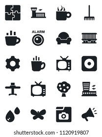 Set of vector isolated black icon - airport building vector, coffee, rake, butterfly, railroad, tv, rec button, settings, photo gallery, application, fruit tree, cushioned furniture, water