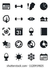 Set of vector isolated black icon - circle chart vector, tree, sun, barbell, eye, network, favorites list, calendar, id, copybook, pie graph, house with, egg stand, snowflake, smoke detector