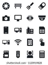 Set of vector isolated black icon - camera vector, garden fork, bench, touch screen, monitor, radio phone, back, mobile, sd, sim, wireless, face id, eye, remote control, pc, usb flash, surveillance