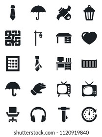 Set Of Vector Isolated Black Icon - Desk Vector, Tie, Glove, Garden Light, Satellite, Cargo Container, Umbrella, Tv, Headphones, Heart, Abacus, Office Chair, Chip, Clock