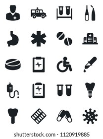Set of vector isolated black icon - disabled vector, blood test vial, dropper, pills, blister, ampoule, ambulance star, car, stomach, implant, pulse clipboard, hospital, doctor, virus