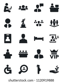 Set of vector isolated black icon - vip vector, reception, bed, speaking man, pedestal, meeting, manager place, disabled, pregnancy, client, user, identity card, hr, company, search, estate agent