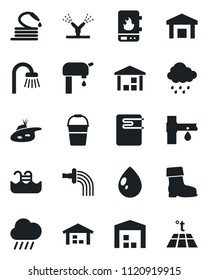 Set of vector isolated black icon - bucket vector, watering, boot, water drop, rain, hose, drip irrigation, warehouse, pond, pool, supply, bathroom, heater, warm floor