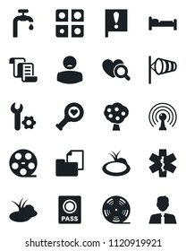 Set of vector isolated black icon - passport vector, bed, wind, contract, pond, heart diagnostic, ambulance star, patient, important flag, folder document, reel, antenna, application, root setup