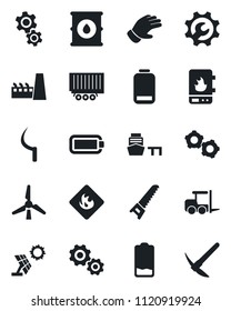 Set of vector isolated black icon - fork loader vector, gear, glove, saw, sickle, truck trailer, sea port, flammable, oil barrel, low battery, root setup, windmill, factory, water heater, sun panel