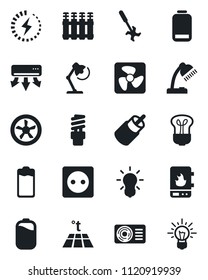 Set of vector isolated black icon - ripper vector, battery, low, rca, charge, desk lamp, air conditioner, socket, fan, water heater, radiator, warm floor, bulb, energy saving, idea