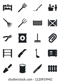 Set of vector isolated black icon - passport control vector, safe, trowel, farm fork, rake, pruner, garden knife, scalpel, cargo container, oil barrel, rack, paper clip, ladle, radiator