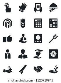 Set of vector isolated black icon - passport vector, document, farm fork, glove, saw, heart hand, client, touch screen, finger up, fingerprint id, waiter, remote control, combination lock, handshake