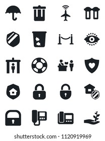 Set of vector isolated black icon - plane radar vector, fence, passport control, security gate, trash bin, lock, heart shield, umbrella, eye id, estate insurance, intercome, water filter