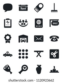 Set of vector isolated black icon - alarm car vector, passport, rake, picnic table, heart diagnostic, real, pulse clipboard, menu, message, cut, sertificate, company, garage, sale, rent, phone, ham