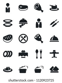 Set of vector isolated black icon - spoon and fork vector, waiter, dish, restaurant table, serviette, cafe, plates, chicken, steak, kebab, ham, steaming pan