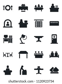 Set of vector isolated black icon - cafe vector, baby room, reception, flight table, medical, desk, meeting, manager place, lamp, restaurant, reserved, salt and pepper, serviette
