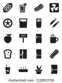 Set of vector isolated black icon - hot cup vector, seedling, plant label, fridge, drink, phyto bar, bacon, bread, kebab, dog, apple fruit, fan