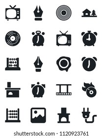 Set of vector isolated black icon - alarm clock vector, tv, abacus, stamp, fireplace, film frame, vinyl, flame disk, gallery, ink pen, house with tree, power plug