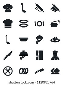 Set of vector isolated black icon - fridge vector, cook, serviette, cafe, hat, plates, waiter, ladle, bowl, rolling pin, knife, steaming pan